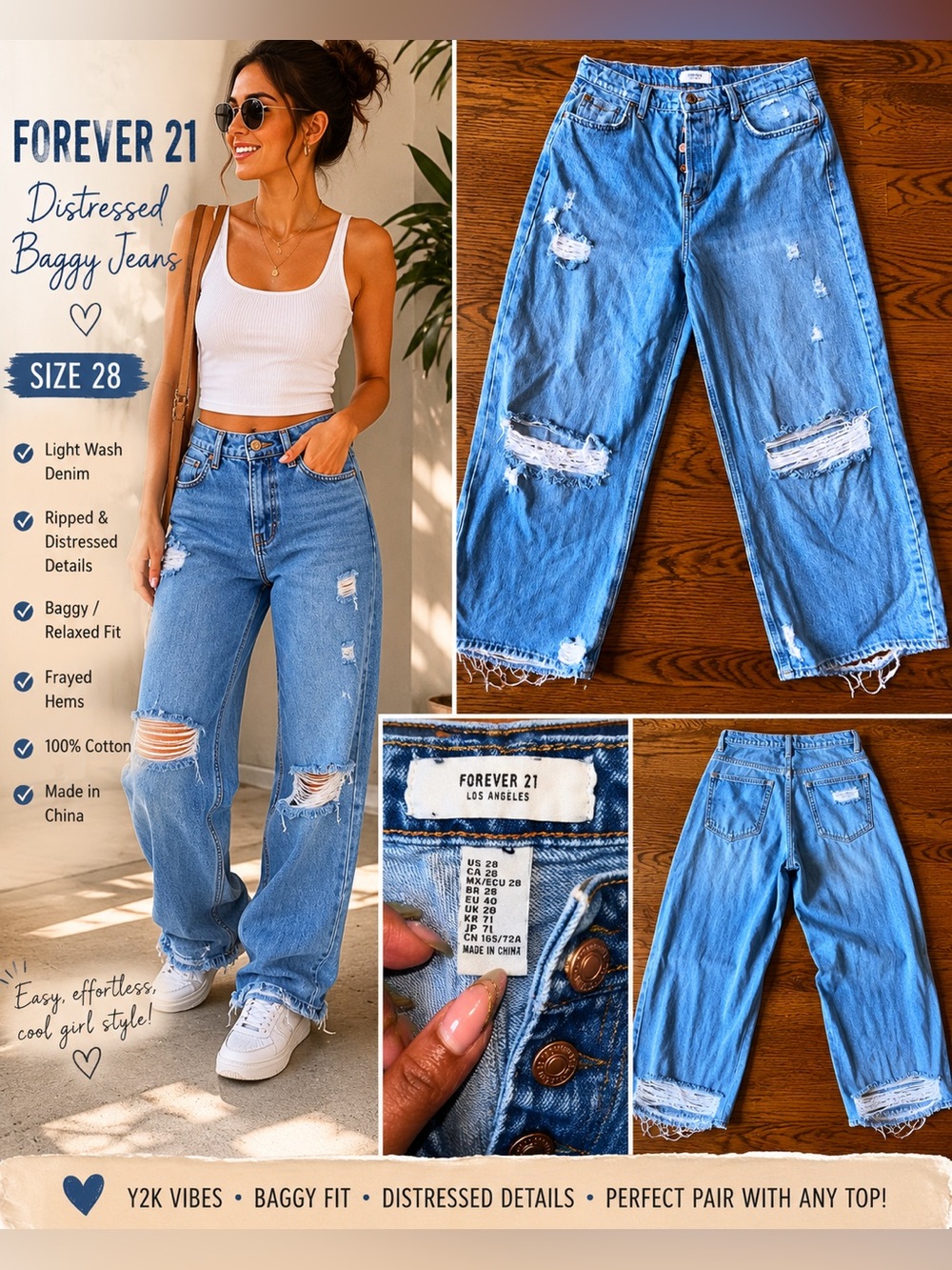 Forever 21 Distressed Baggy Straight Leg Jeans Size 28 Light Wash High Rise Y2K